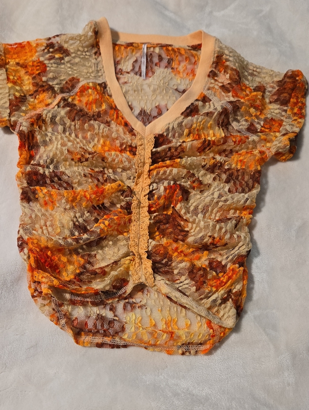 Free People Peach, Orange & Brown Crochet Short Sleeve Top